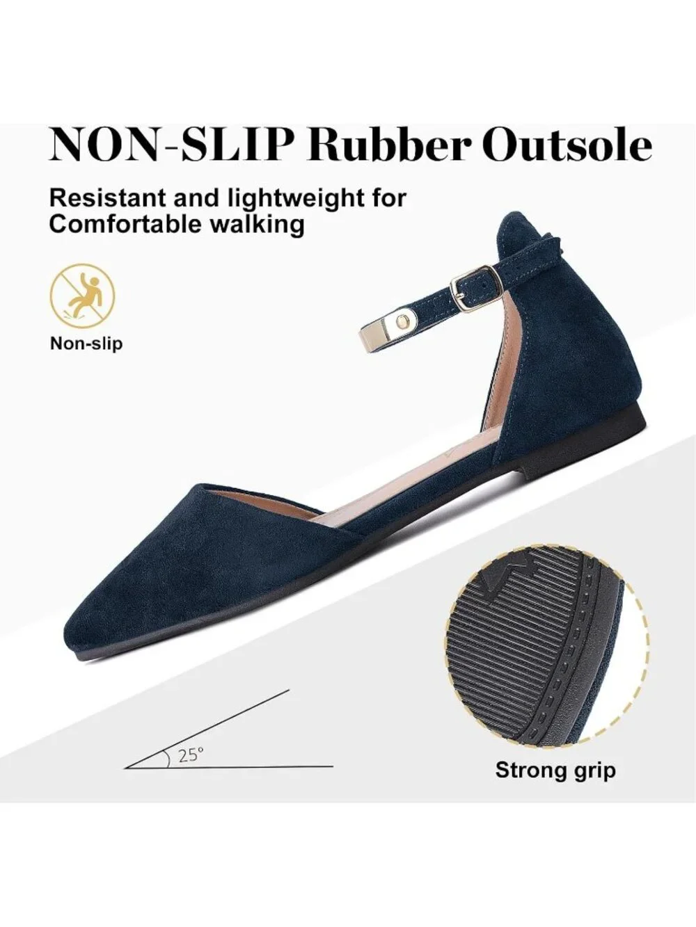 Women's Blue Suede Pointed Toe Flats Fancy Gold Ankle Strap Rhinestone Shoes